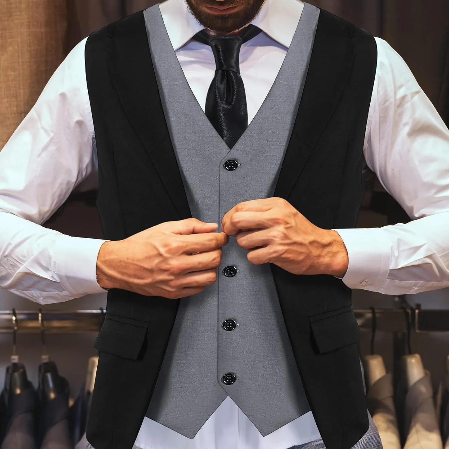1920s Mens Costume Men's Layered Vest, Bow Tie, Necktie, Pocket Square Set Formal Vests Business Waistcoat for Wedding