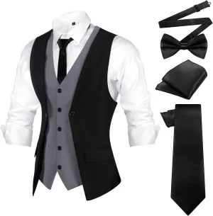 1920s Mens Costume Men's Layered Vest, Bow Tie, Necktie, Pocket Square Set Formal Vests Business Waistcoat for Wedding