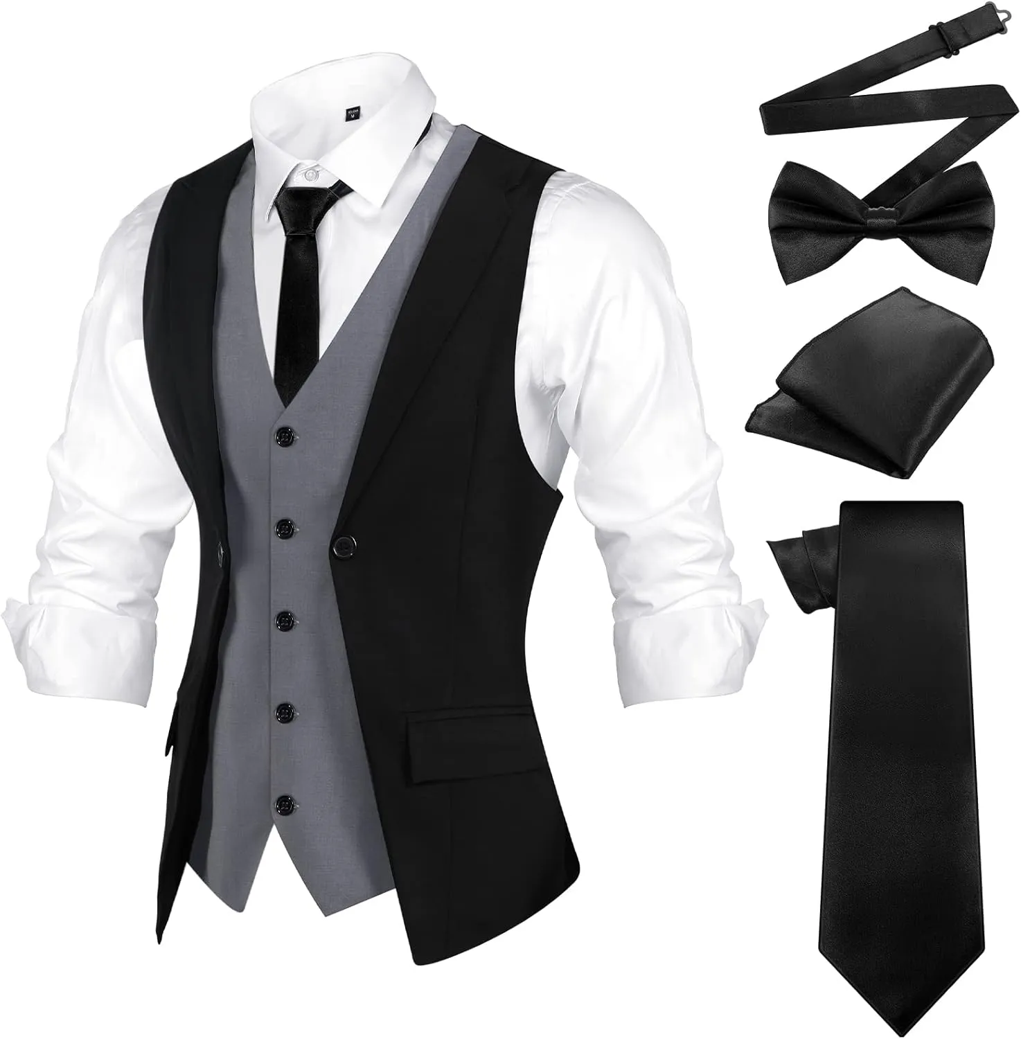 1920s Mens Costume Men's Layered Vest, Bow Tie, Necktie, Pocket Square Set Formal Vests Business Waistcoat for Wedding