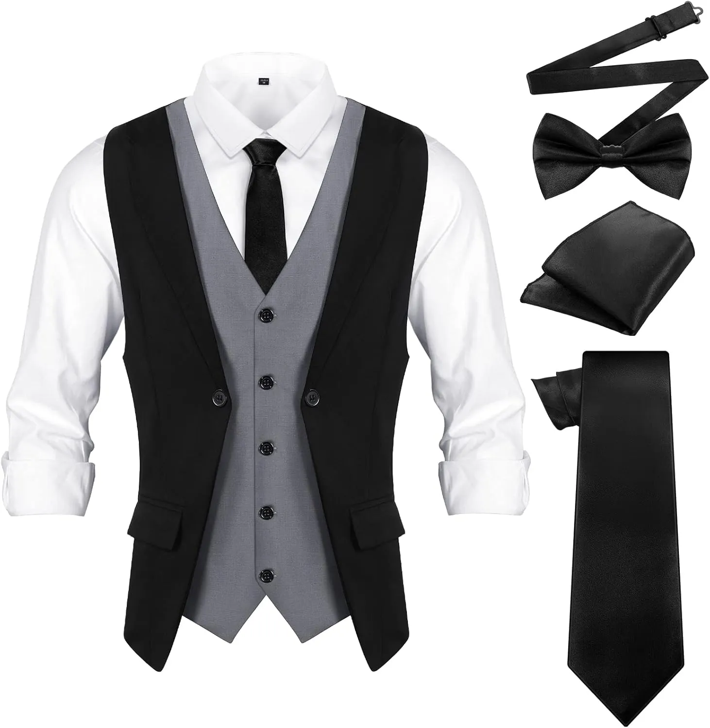 1920s Mens Costume Men's Layered Vest, Bow Tie, Necktie, Pocket Square Set Formal Vests Business Waistcoat for Wedding