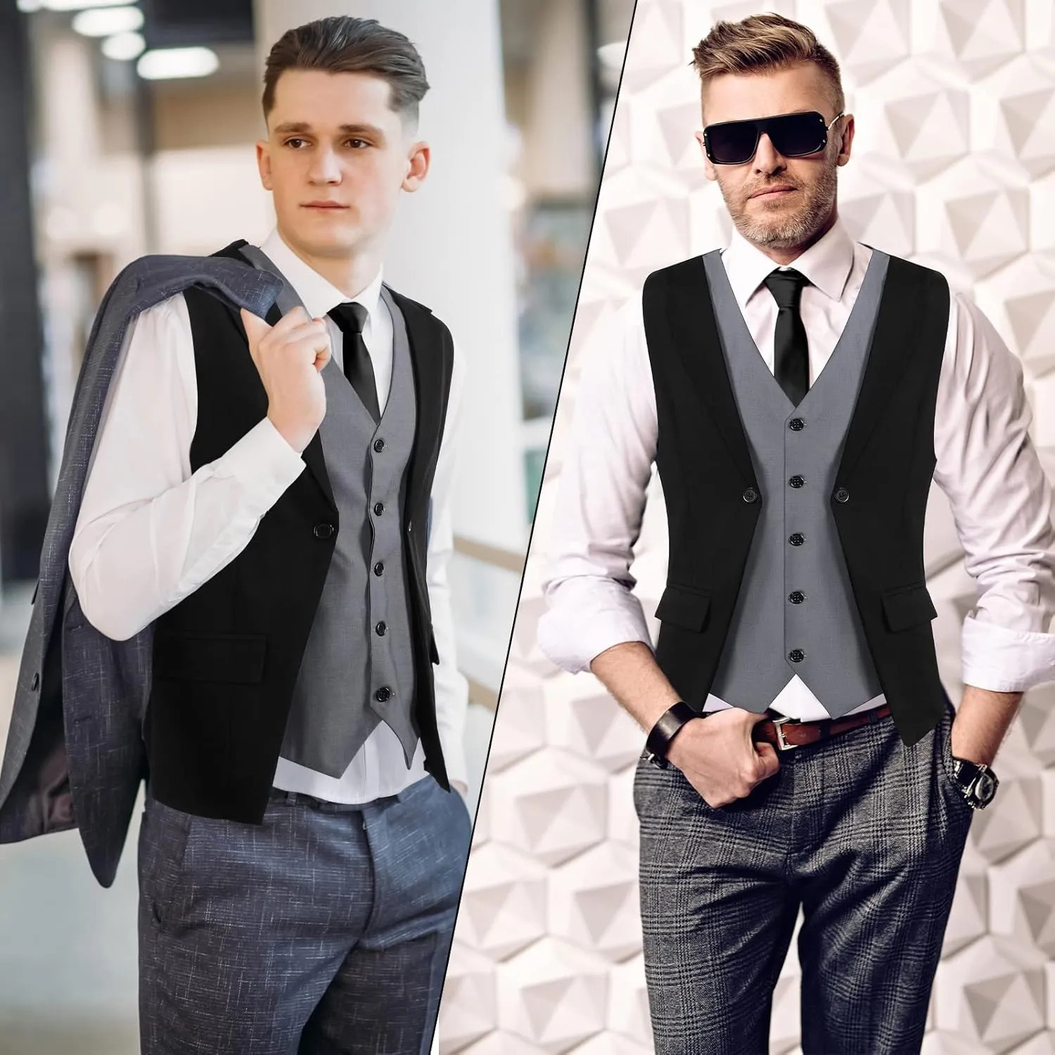 1920s Mens Costume Men's Layered Vest, Bow Tie, Necktie, Pocket Square Set Formal Vests Business Waistcoat for Wedding