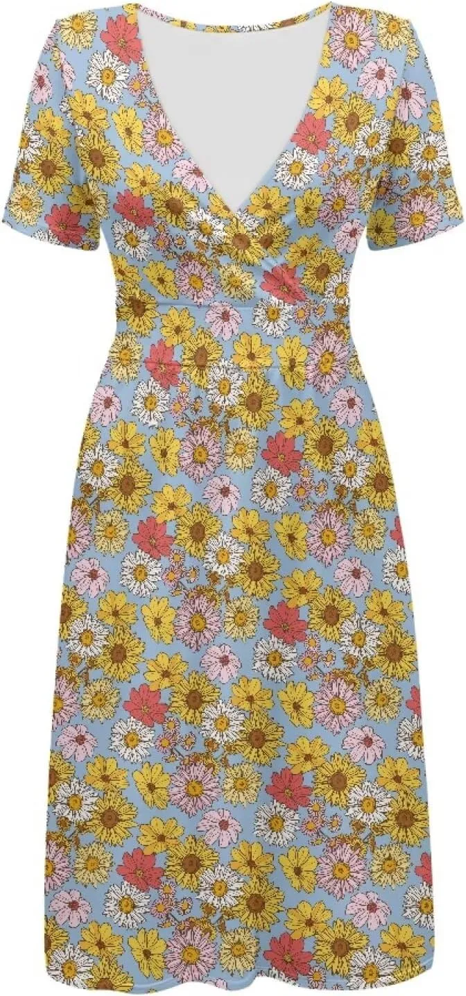 1950s Vintage Women's Casual Dress Flower Pattern Boho Dress Vacation Outfits for Women V Neck Loose Fit with Pocket