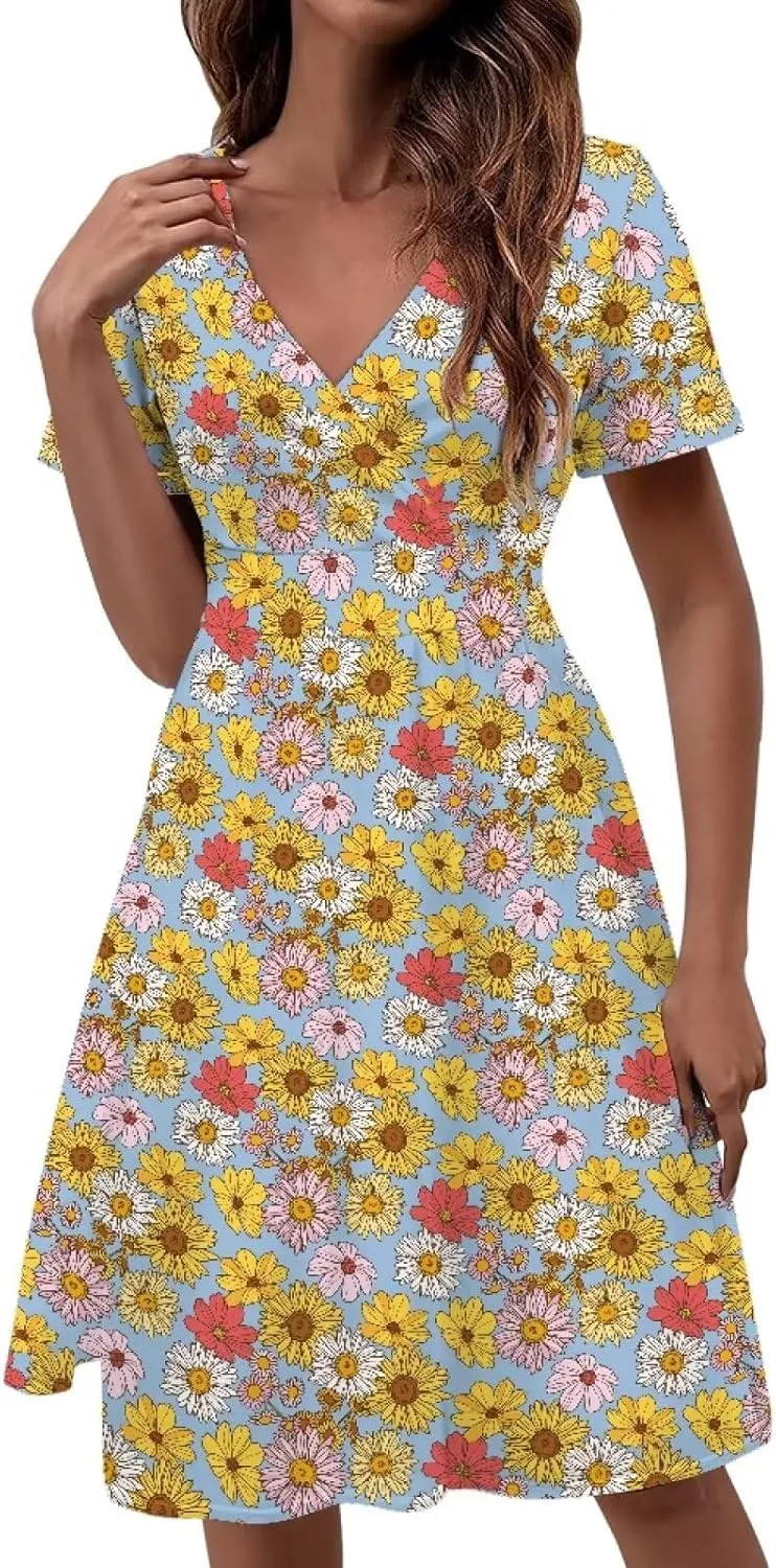 1950s Vintage Women's Casual Dress Flower Pattern Boho Dress Vacation Outfits for Women V Neck Loose Fit with Pocket