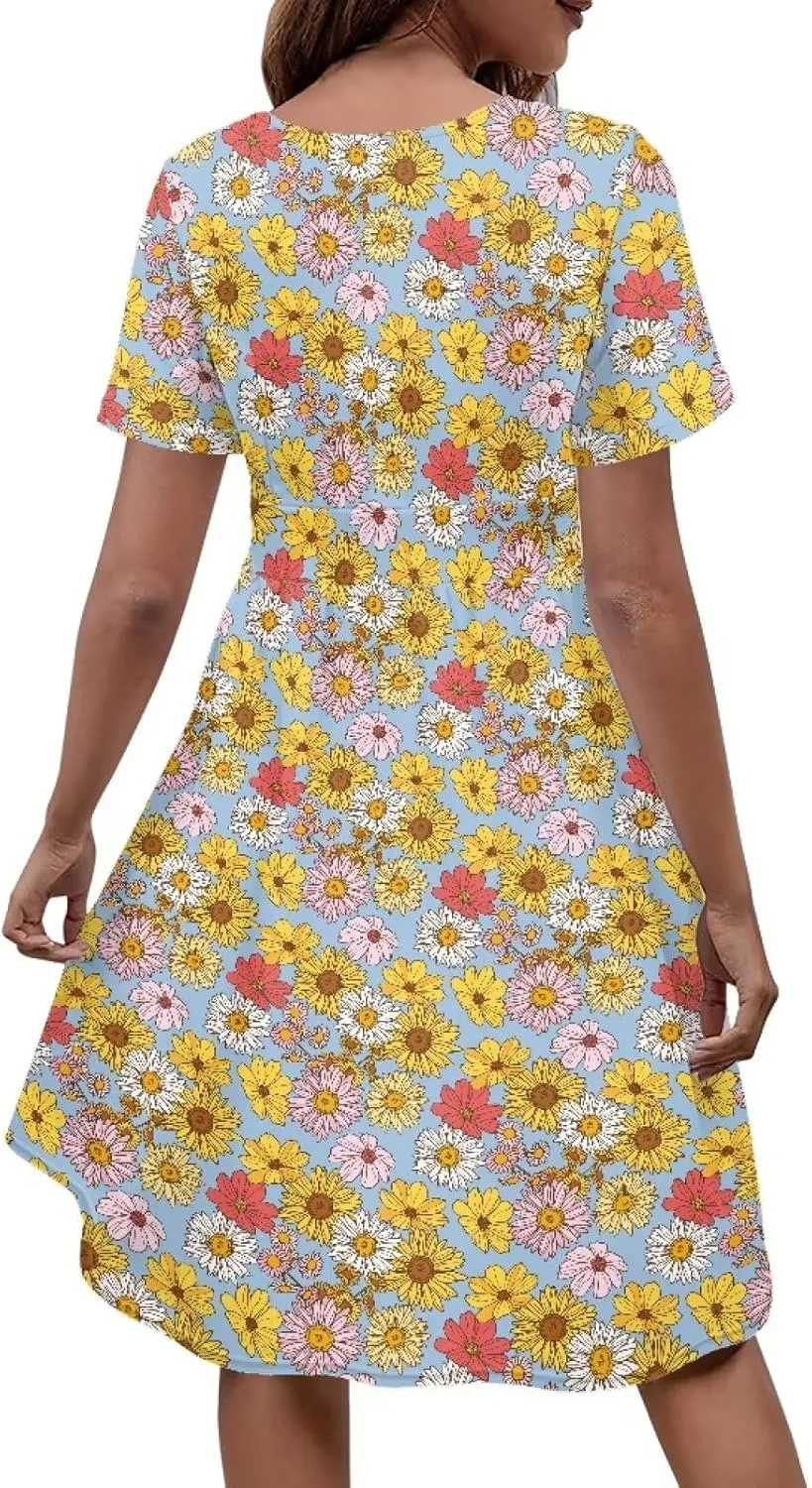 1950s Vintage Women's Casual Dress Flower Pattern Boho Dress Vacation Outfits for Women V Neck Loose Fit with Pocket
