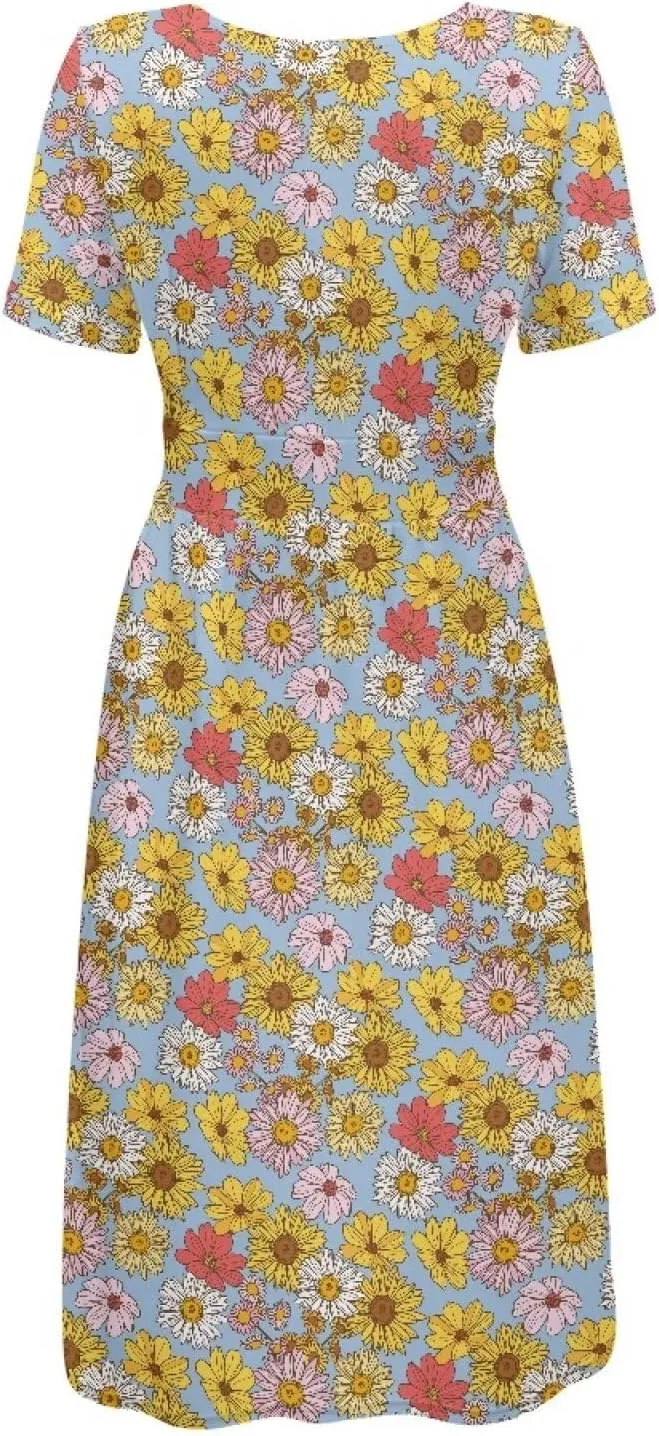 1950s Vintage Women's Casual Dress Flower Pattern Boho Dress Vacation Outfits for Women V Neck Loose Fit with Pocket