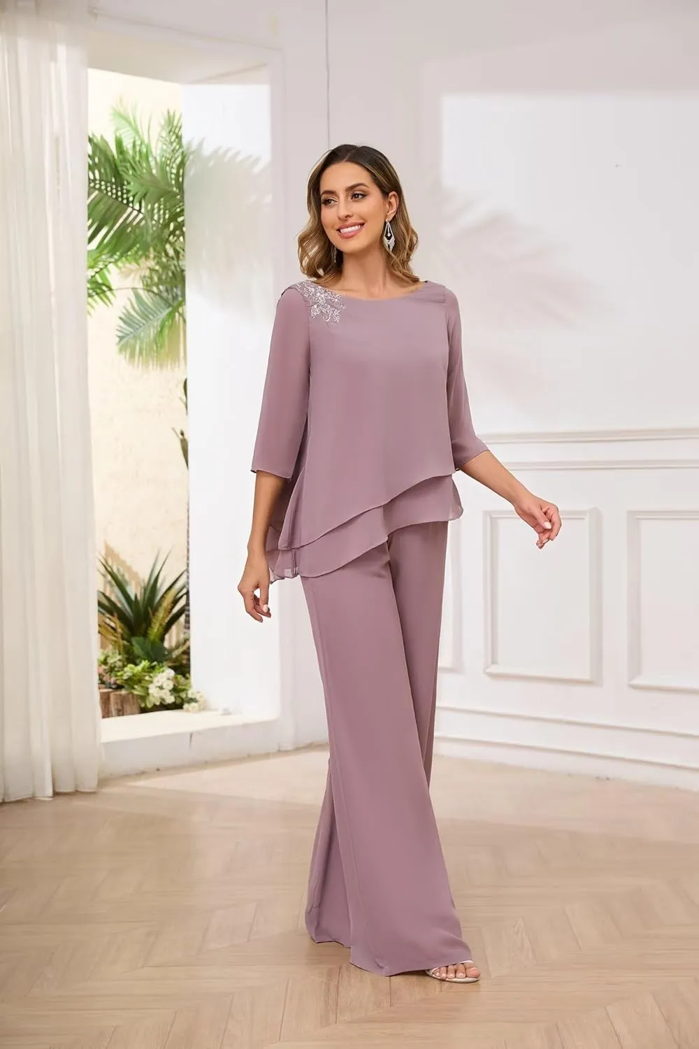 2 Piece Chiffon Mother of Bride Pant Suits for Women Dressy Set Ruffle Layers Formal Wedding Guest Outfit