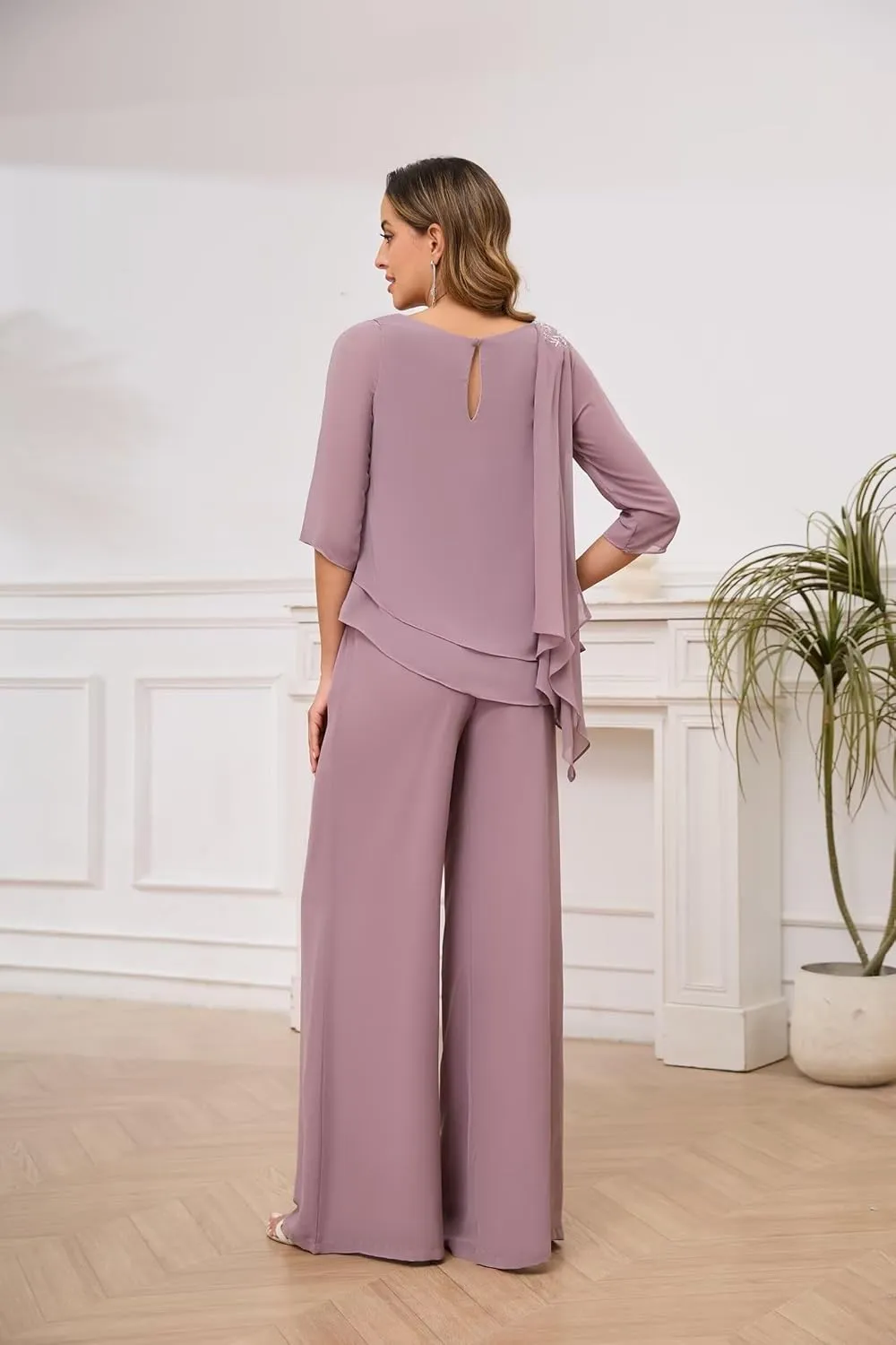 2 Piece Chiffon Mother of Bride Pant Suits for Women Dressy Set Ruffle Layers Formal Wedding Guest Outfit