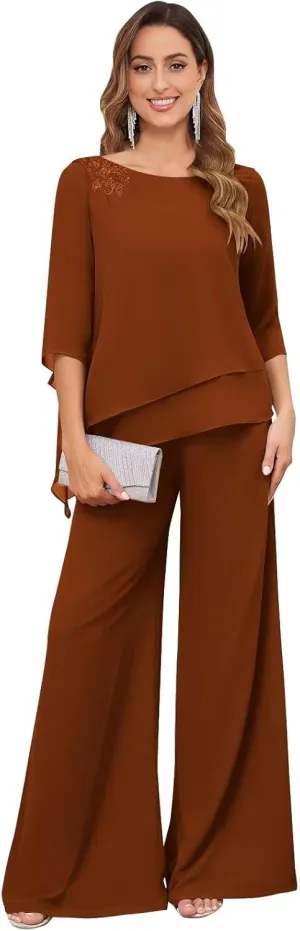 2 Piece Chiffon Mother of Bride Pant Suits for Women Dressy Set Ruffle Layers Formal Wedding Guest Outfit