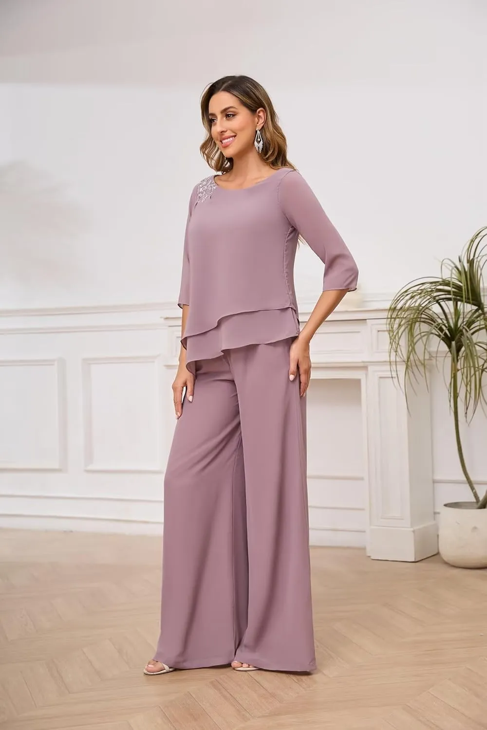 2 Piece Chiffon Mother of Bride Pant Suits for Women Dressy Set Ruffle Layers Formal Wedding Guest Outfit