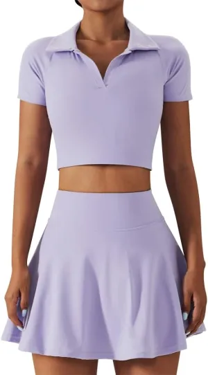 2 Piece Tennis Dress for Women High Waist Pleated Tennis Skirt with Shorts Short Sleeve Crop Golf Workout Skirts Sets