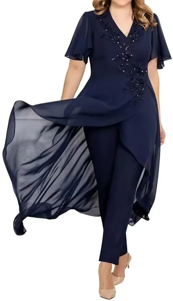 2 Pieces Mother of The Bride Dresses Pant Suits for Wedding V Neck Chiffon Evening Gowns Formal Dress