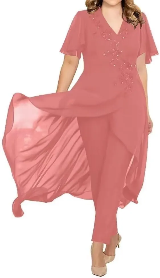 2 Pieces Mother of The Bride Dresses Pant Suits for Wedding V Neck Chiffon Evening Gowns Formal Dress