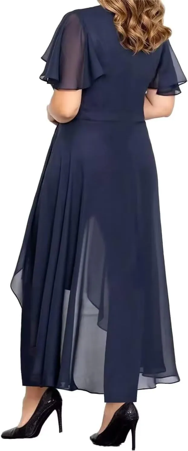 2 Pieces Mother of The Bride Dresses Pant Suits for Wedding V Neck Chiffon Evening Gowns Formal Dress