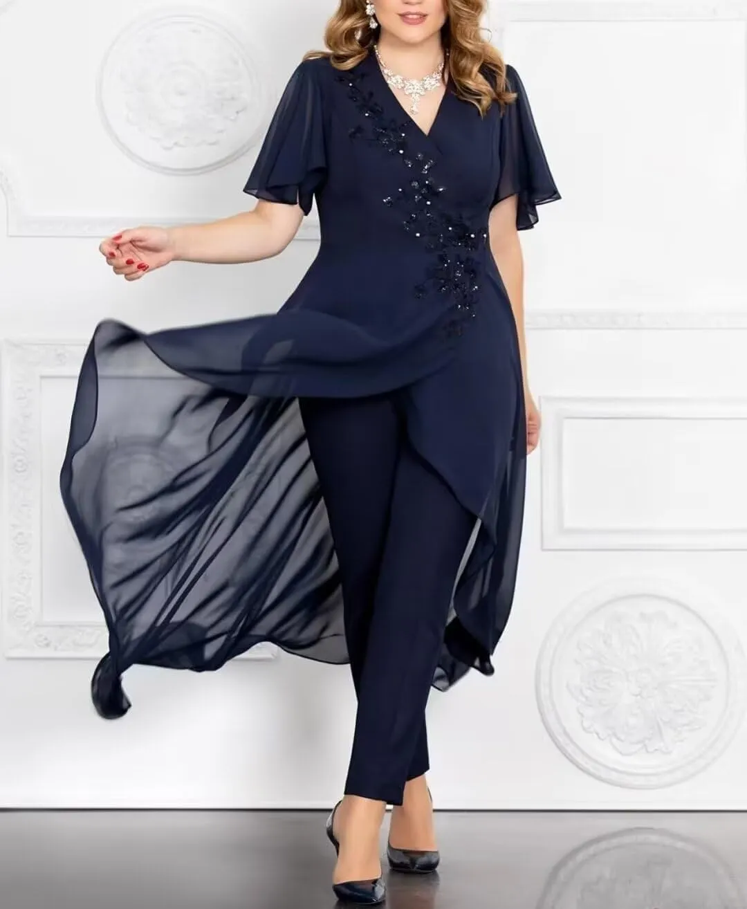 2 Pieces Mother of The Bride Dresses Pant Suits for Wedding V Neck Chiffon Evening Gowns Formal Dress