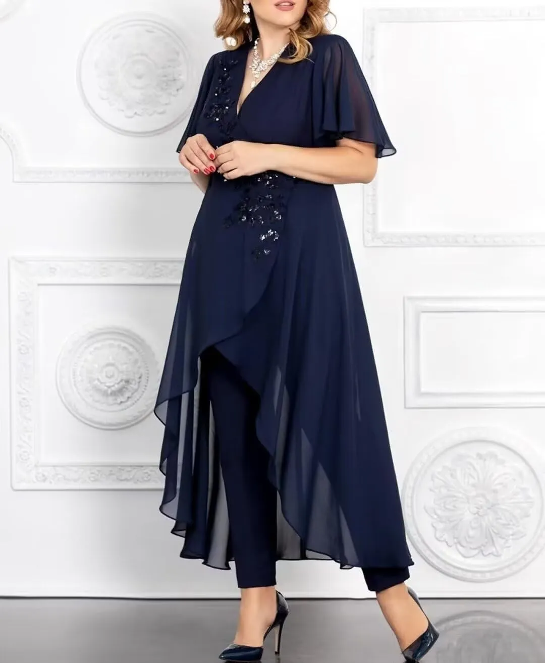 2 Pieces Mother of The Bride Dresses Pant Suits for Wedding V Neck Chiffon Evening Gowns Formal Dress