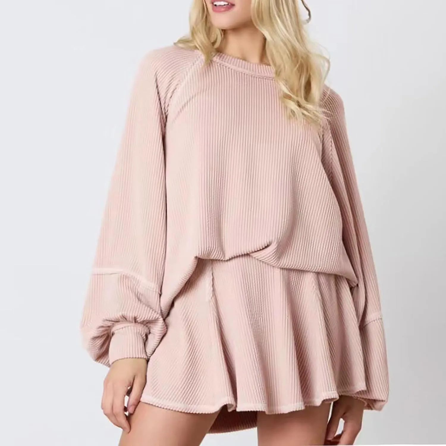 2025 Skort Set for Women Lantern Sleeve Top and High Waist Ruffled Mini Skirt Set Solid Casual Outfits Tracksuits