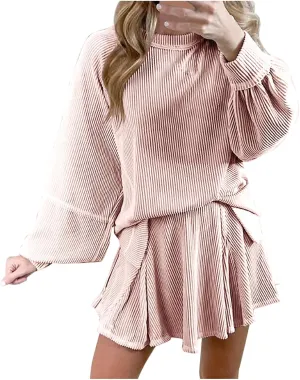 2025 Skort Set for Women Lantern Sleeve Top and High Waist Ruffled Mini Skirt Set Solid Casual Outfits Tracksuits