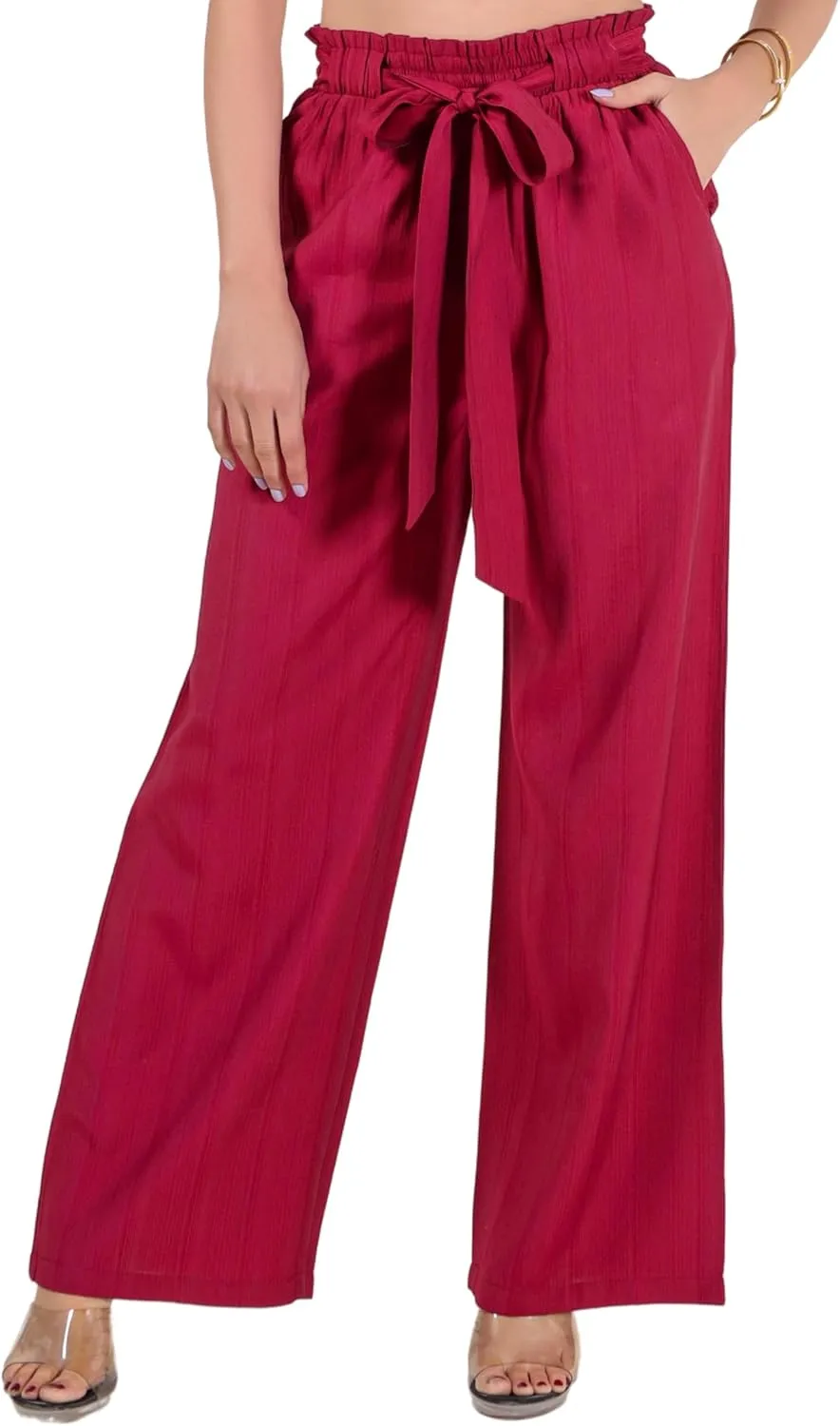 2025 Women's Wide Leg Summer Palazzo Pants with Pockets High Waist Adjustable Knot Flowy Casual Lounge Beach Trousers