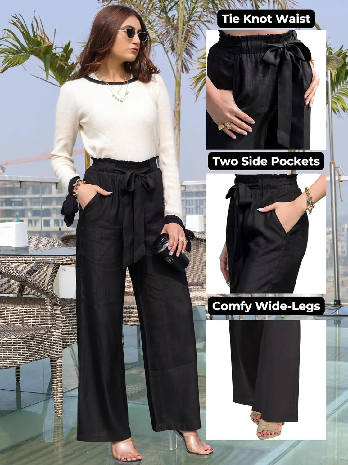2025 Women's Wide Leg Summer Palazzo Pants with Pockets High Waist Adjustable Knot Flowy Casual Lounge Beach Trousers