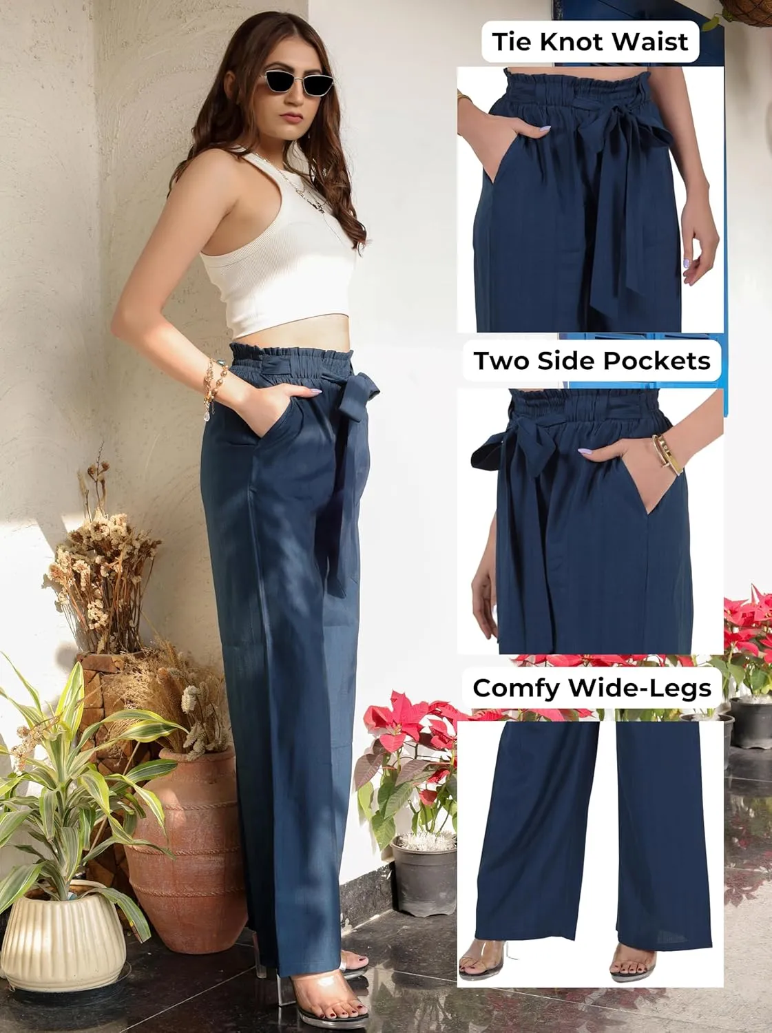 2025 Women's Wide Leg Summer Palazzo Pants with Pockets High Waist Adjustable Knot Flowy Casual Lounge Beach Trousers