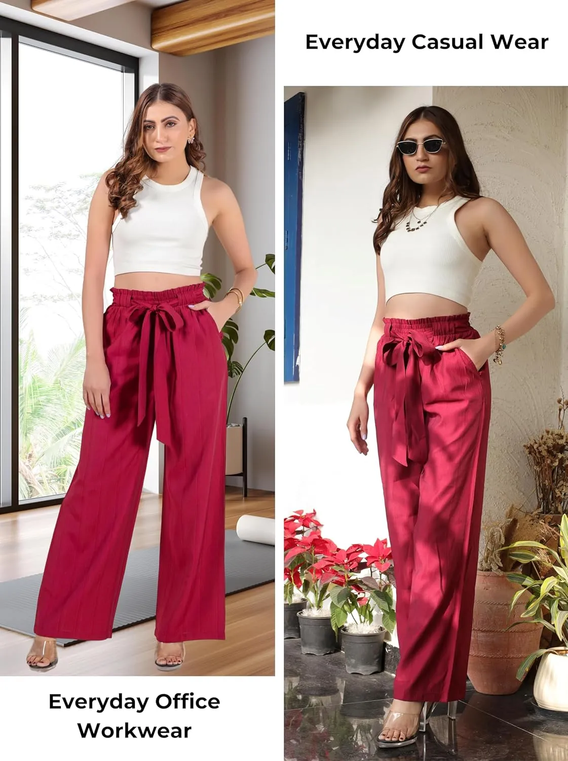 2025 Women's Wide Leg Summer Palazzo Pants with Pockets High Waist Adjustable Knot Flowy Casual Lounge Beach Trousers