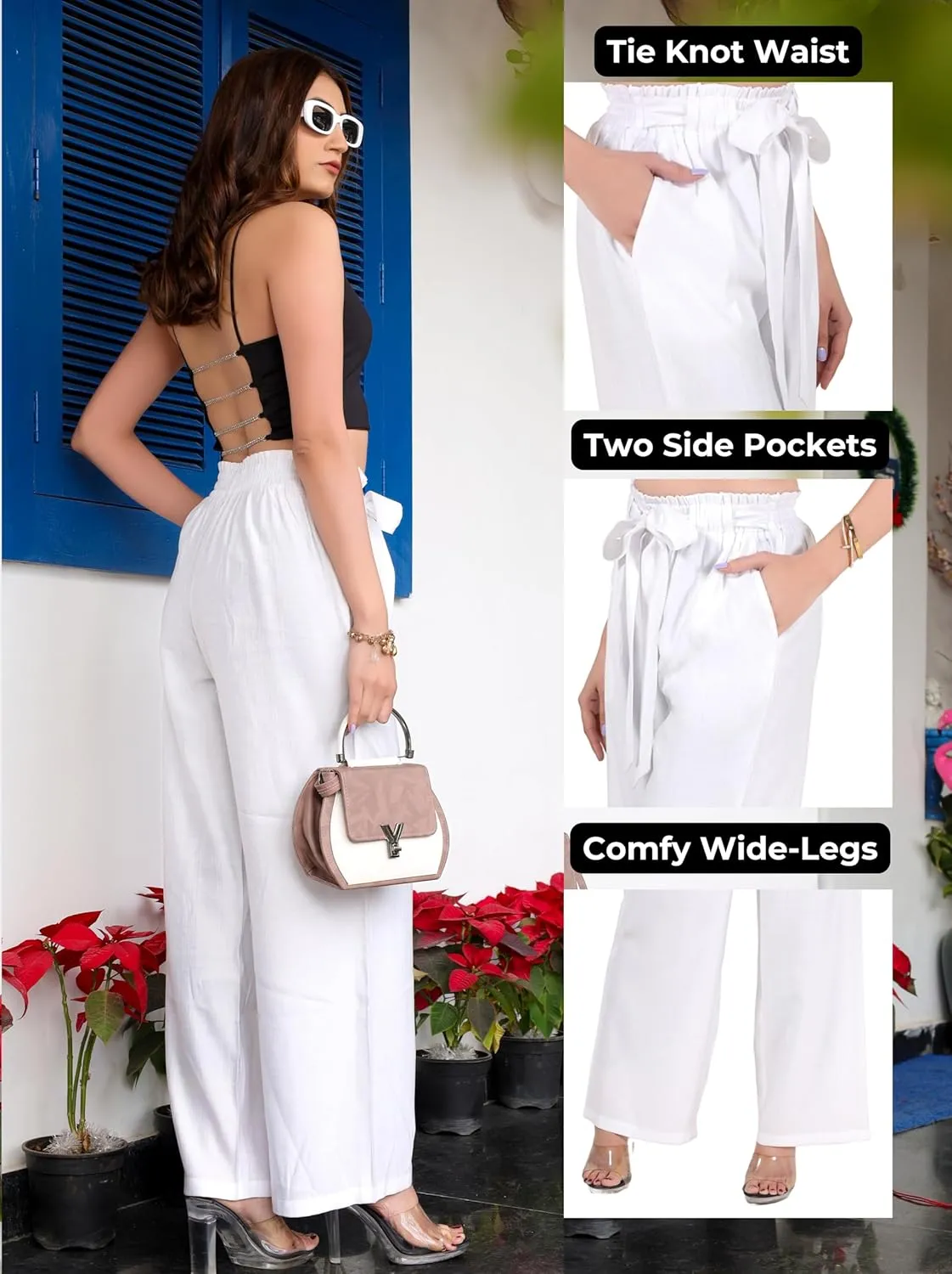 2025 Women's Wide Leg Summer Palazzo Pants with Pockets High Waist Adjustable Knot Flowy Casual Lounge Beach Trousers