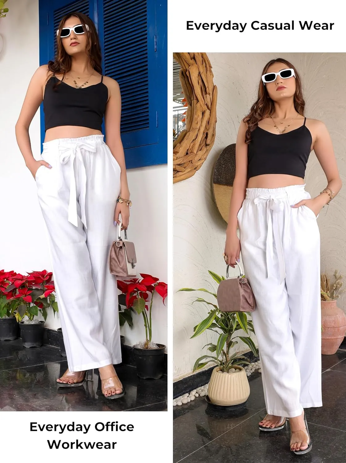 2025 Women's Wide Leg Summer Palazzo Pants with Pockets High Waist Adjustable Knot Flowy Casual Lounge Beach Trousers