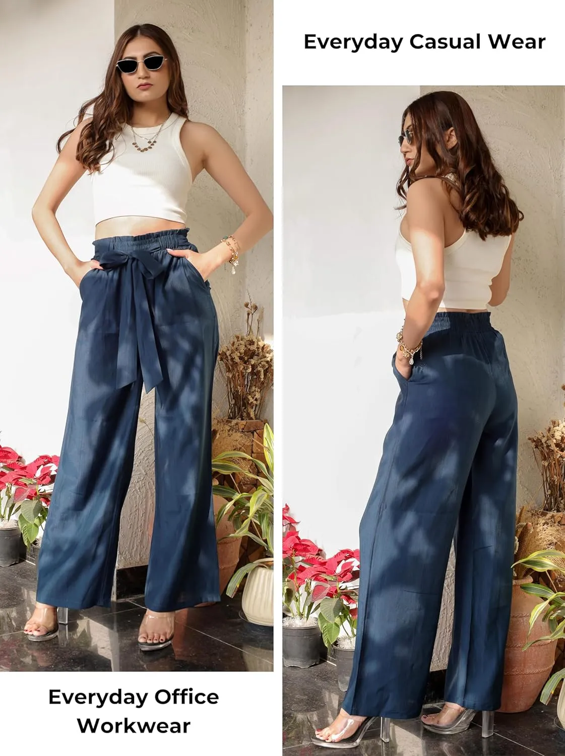 2025 Women's Wide Leg Summer Palazzo Pants with Pockets High Waist Adjustable Knot Flowy Casual Lounge Beach Trousers