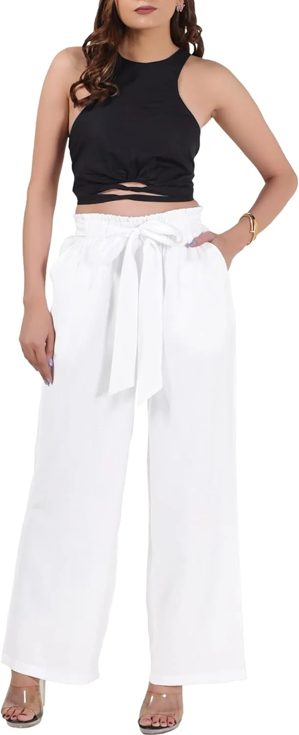 2025 Women's Wide Leg Summer Palazzo Pants with Pockets High Waist Adjustable Knot Flowy Casual Lounge Beach Trousers