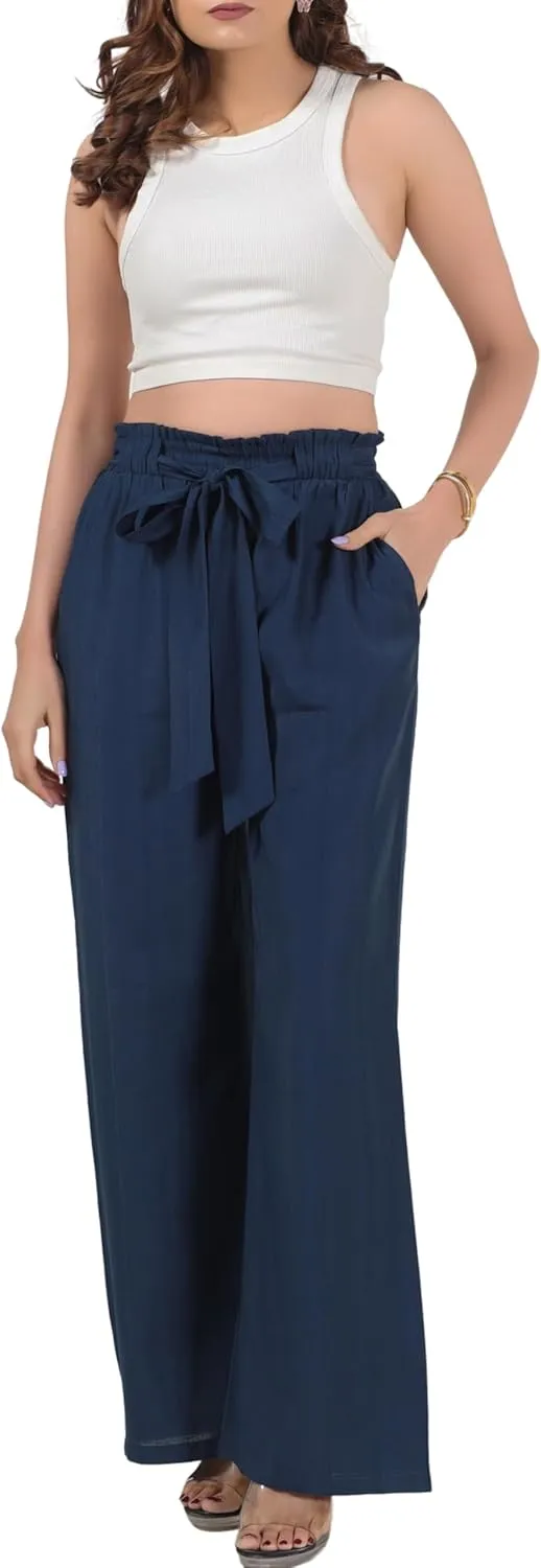 2025 Women's Wide Leg Summer Palazzo Pants with Pockets High Waist Adjustable Knot Flowy Casual Lounge Beach Trousers