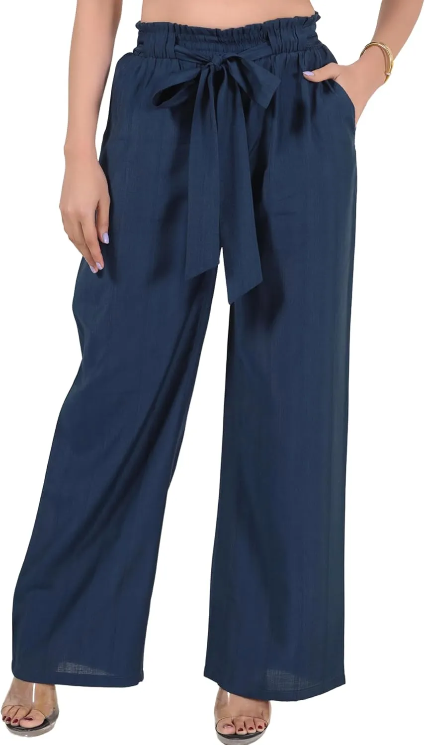 2025 Women's Wide Leg Summer Palazzo Pants with Pockets High Waist Adjustable Knot Flowy Casual Lounge Beach Trousers