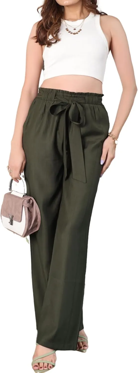 2025 Women's Wide Leg Summer Palazzo Pants with Pockets High Waist Adjustable Knot Flowy Casual Lounge Beach Trousers