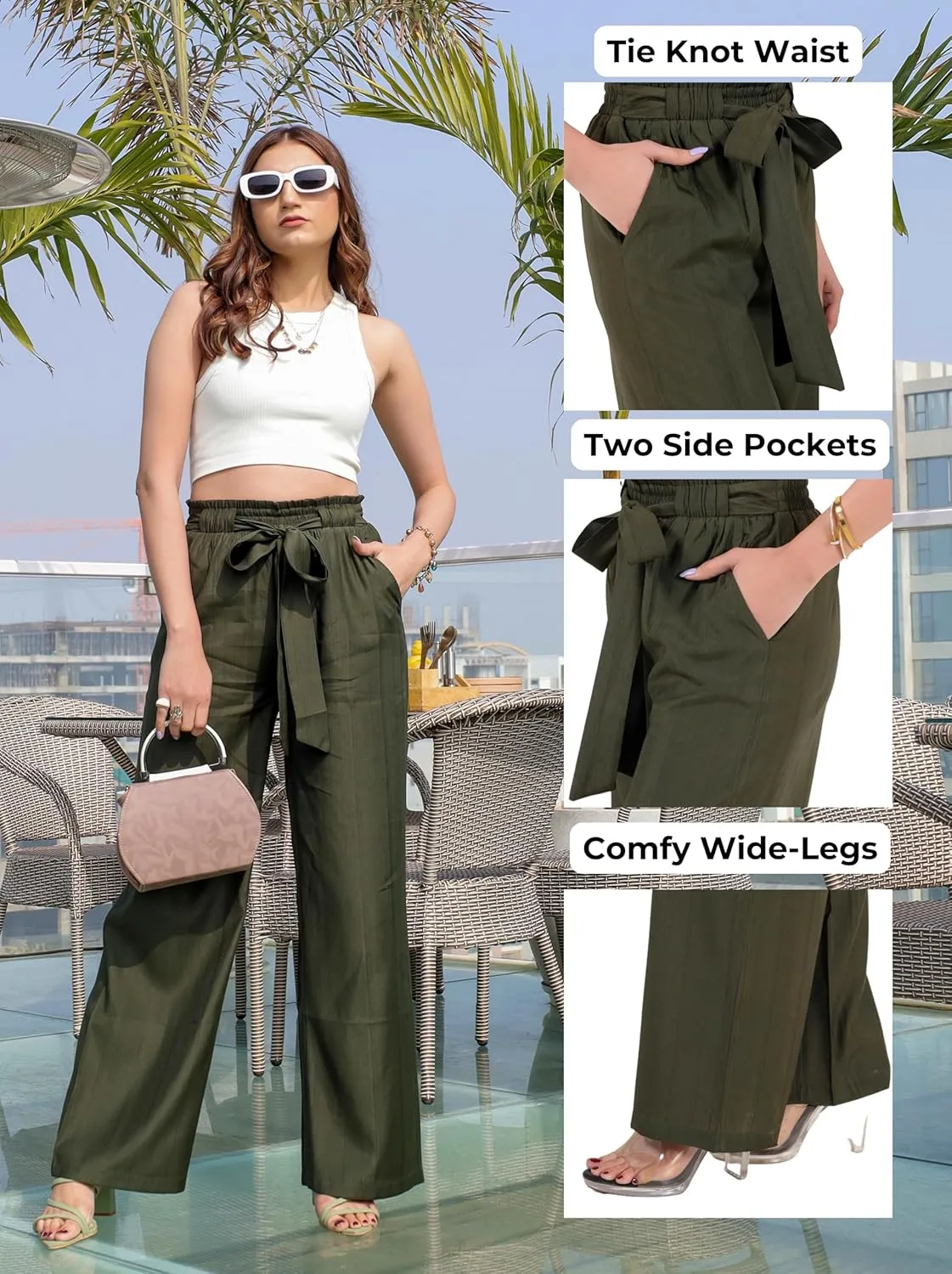 2025 Women's Wide Leg Summer Palazzo Pants with Pockets High Waist Adjustable Knot Flowy Casual Lounge Beach Trousers