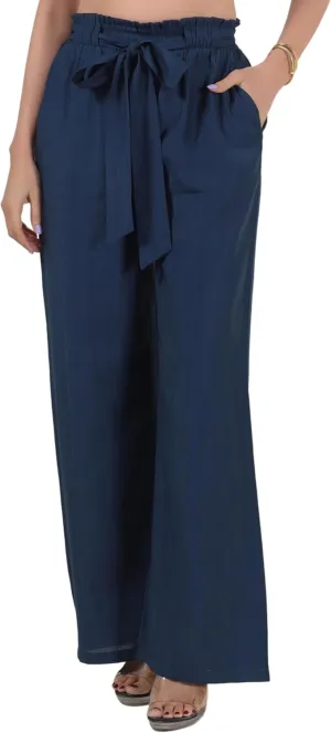 2025 Women's Wide Leg Summer Palazzo Pants with Pockets High Waist Adjustable Knot Flowy Casual Lounge Beach Trousers