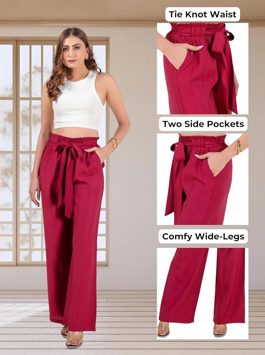 2025 Women's Wide Leg Summer Palazzo Pants with Pockets High Waist Adjustable Knot Flowy Casual Lounge Beach Trousers