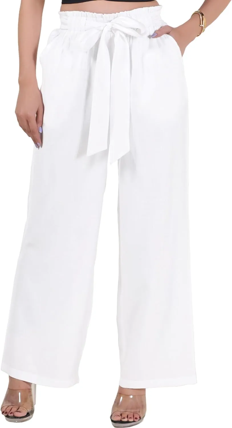 2025 Women's Wide Leg Summer Palazzo Pants with Pockets High Waist Adjustable Knot Flowy Casual Lounge Beach Trousers