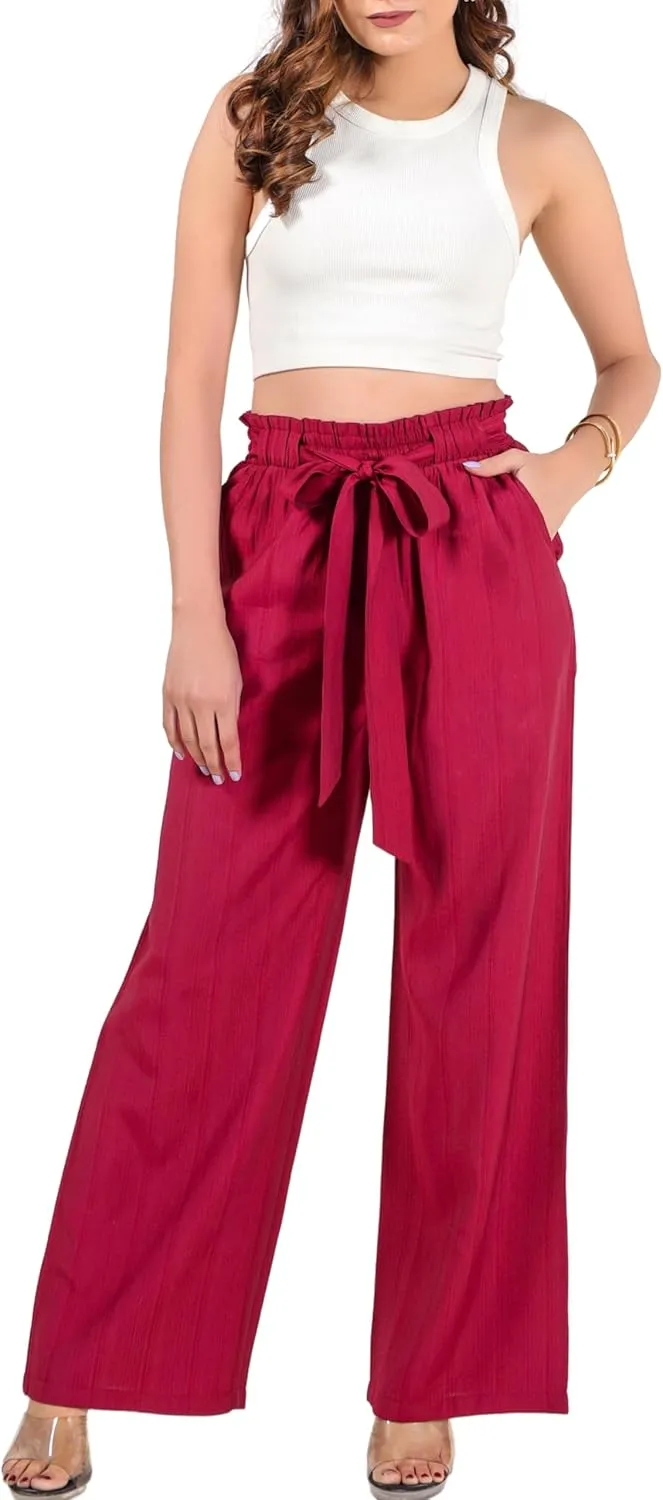2025 Women's Wide Leg Summer Palazzo Pants with Pockets High Waist Adjustable Knot Flowy Casual Lounge Beach Trousers