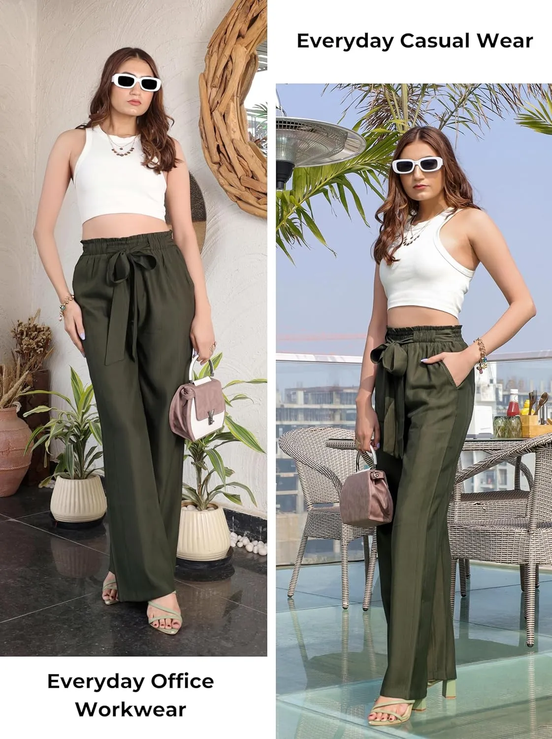2025 Women's Wide Leg Summer Palazzo Pants with Pockets High Waist Adjustable Knot Flowy Casual Lounge Beach Trousers
