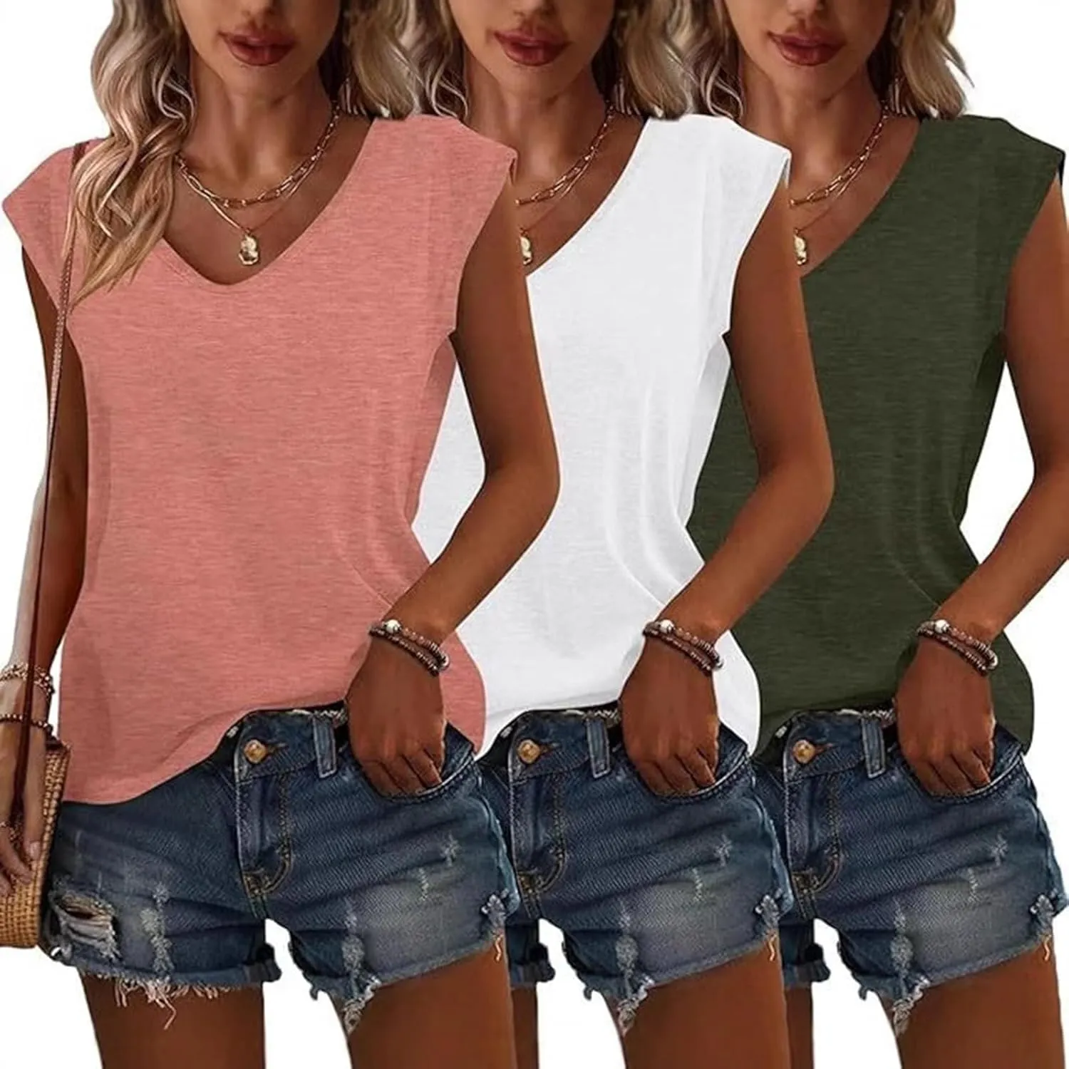 3 Pack Women's Cap Sleeve Tank Tops U Neck Spring Summer Tops Casual Tee Shirts 2025 Beach Vacation Fashion Clothes