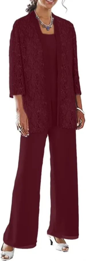 3 Pieces Mother of The Bride Pant Suits with Jacket 3/4 Sleeve Lace Chiffon Dressy Pants Outfit for Women