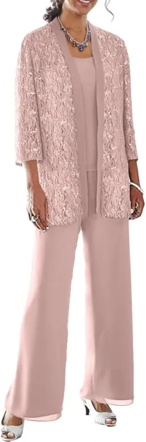 3 Pieces Mother of The Bride Pant Suits with Jacket 3/4 Sleeve Lace Chiffon Dressy Pants Outfit for Women