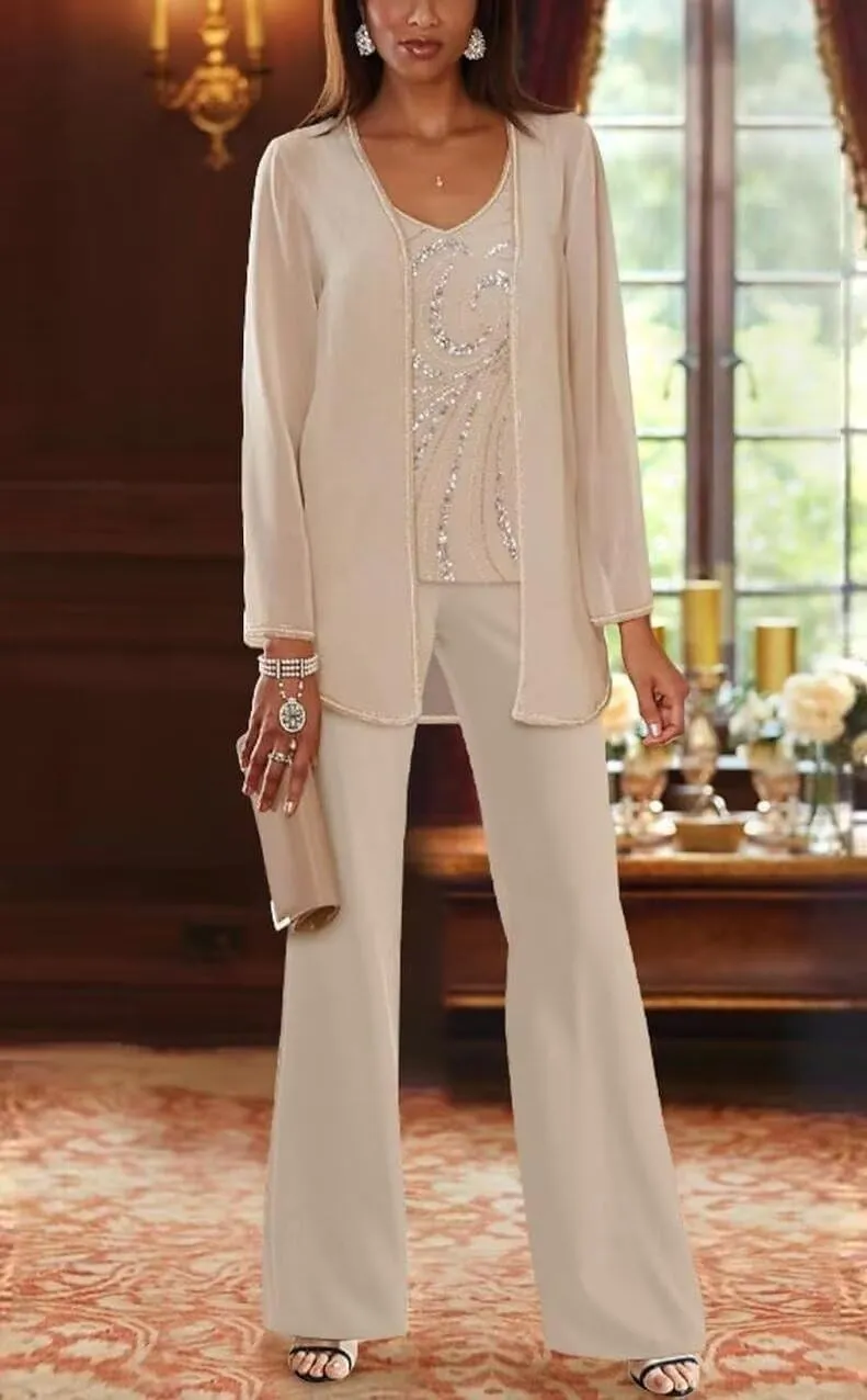 3 Pieces Pant Suits for Women Dressy - Lace Chiffon Long Sleeve Mother of The Groom Pants Suits for Wedding