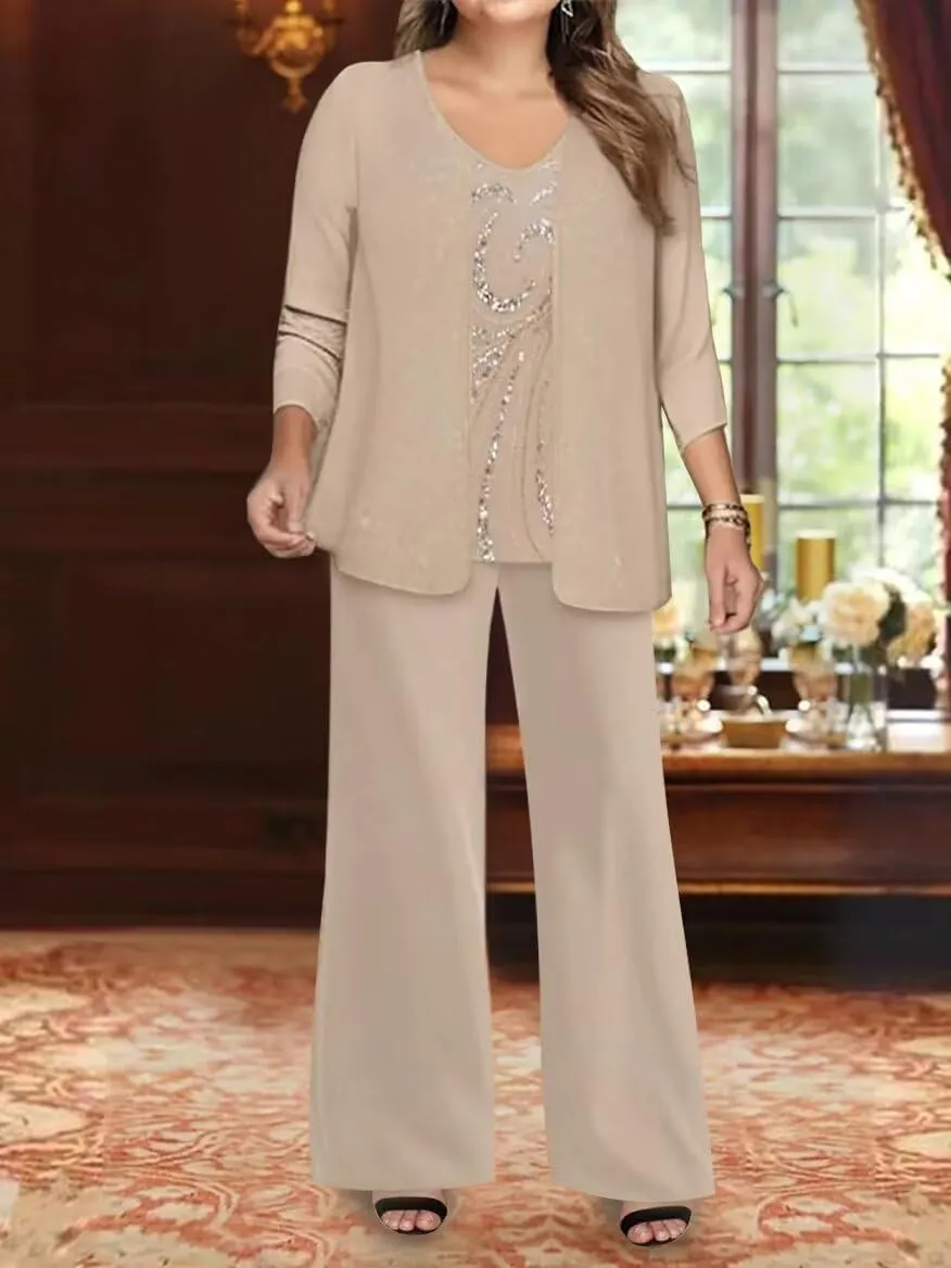 3 Pieces Pant Suits for Women Dressy - Lace Chiffon Long Sleeve Mother of The Groom Pants Suits for Wedding
