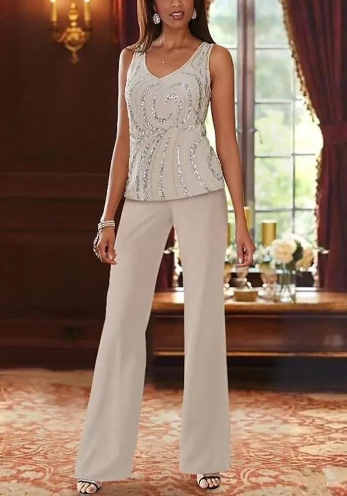 3 Pieces Pant Suits for Women Dressy - Lace Chiffon Long Sleeve Mother of The Groom Pants Suits for Wedding