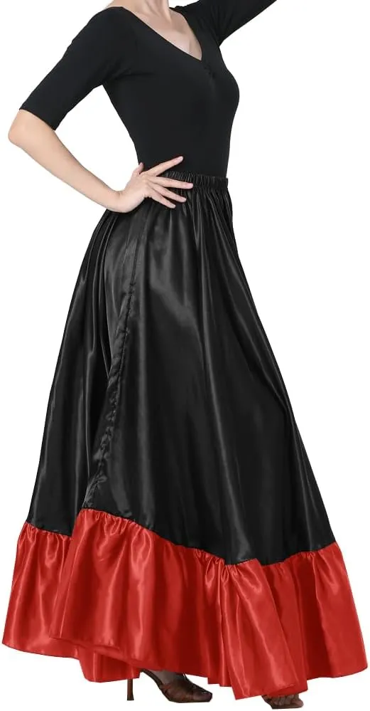 38" Satin Ruffle Long Dance Skirt for Latin Belly Folkloric Mexican Flamenco Ballroom Performance