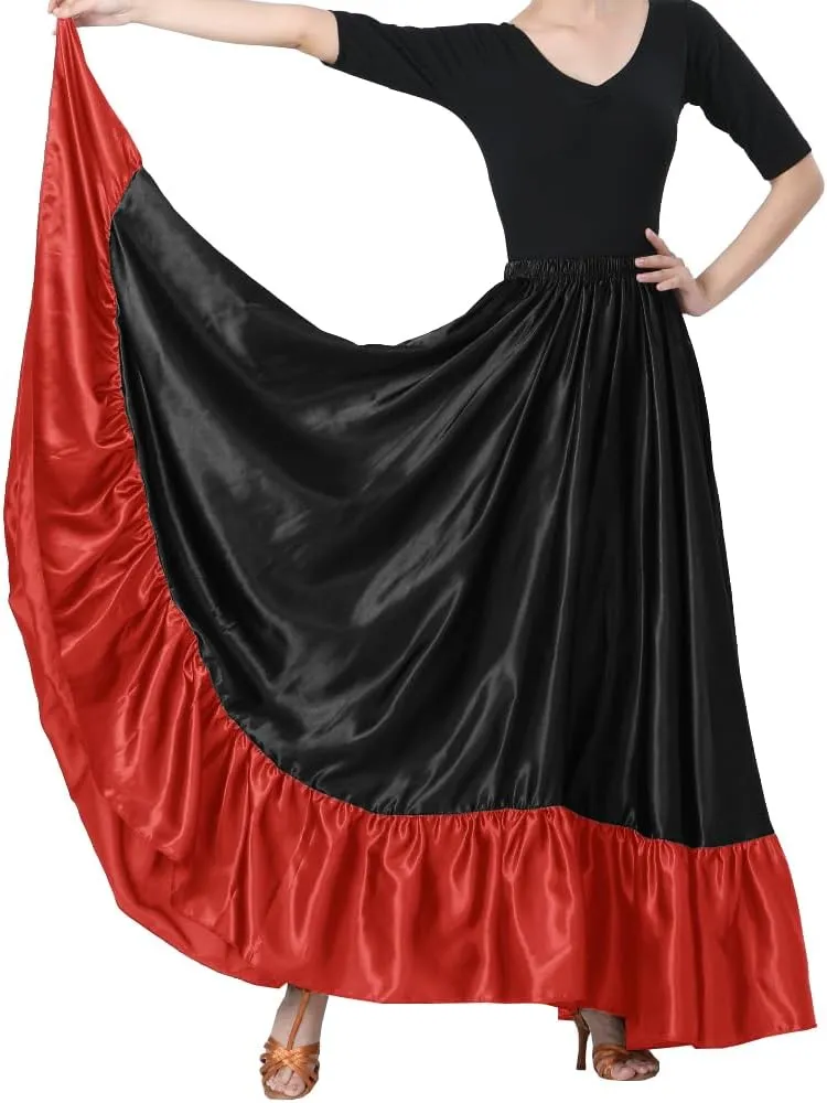 38" Satin Ruffle Long Dance Skirt for Latin Belly Folkloric Mexican Flamenco Ballroom Performance