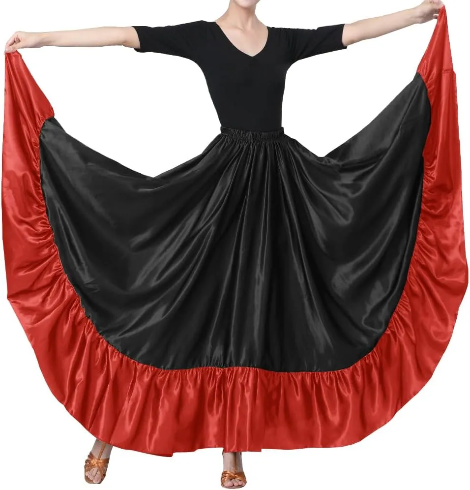 38" Satin Ruffle Long Dance Skirt for Latin Belly Folkloric Mexican Flamenco Ballroom Performance