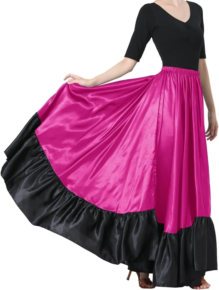 38" Satin Ruffle Long Dance Skirt for Latin Belly Folkloric Mexican Flamenco Ballroom Performance