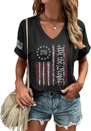 4th of July Patriotic V Neck Shirt for Women Funny American Flag Graphic Tee Summer Short Sleeve T-Shirt Blouse