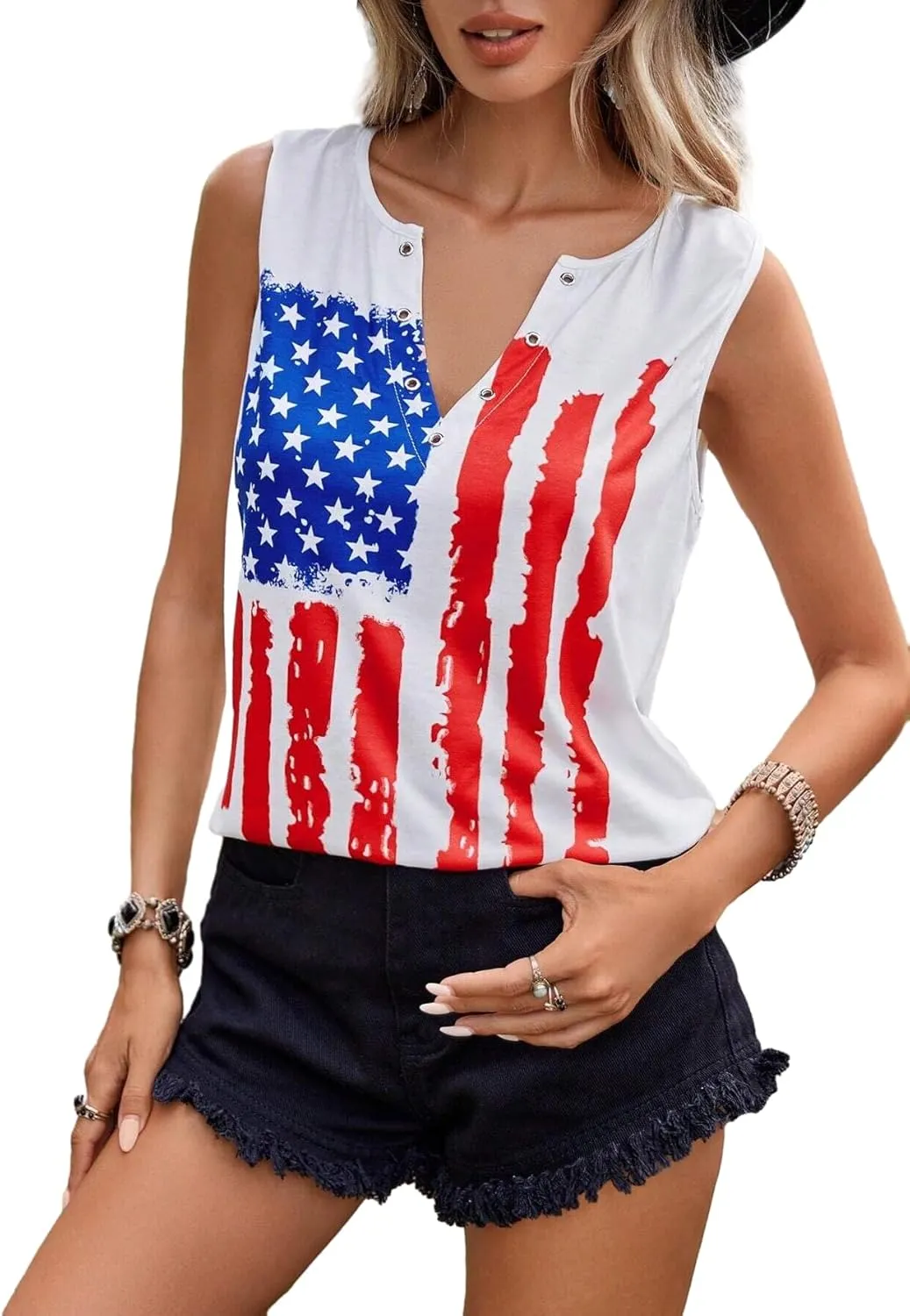 4th of July Tank Women American Flag Lips Funny Graphic Casual Sleeveless Tee Top